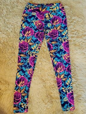 LuLaRoe Floral Geo Leggings - Purple, Blue & Gold One Size